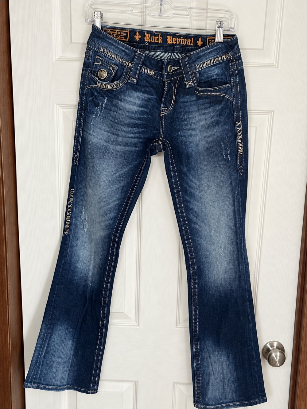 Rock Revival Women's Dark Blue Flare Jeans with Contrast Stitching